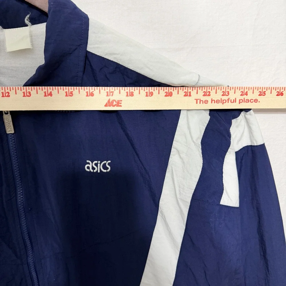 Vintage Asics Windbreaker Jacket‎ Mens L Navy Blue White Colorblock Zip